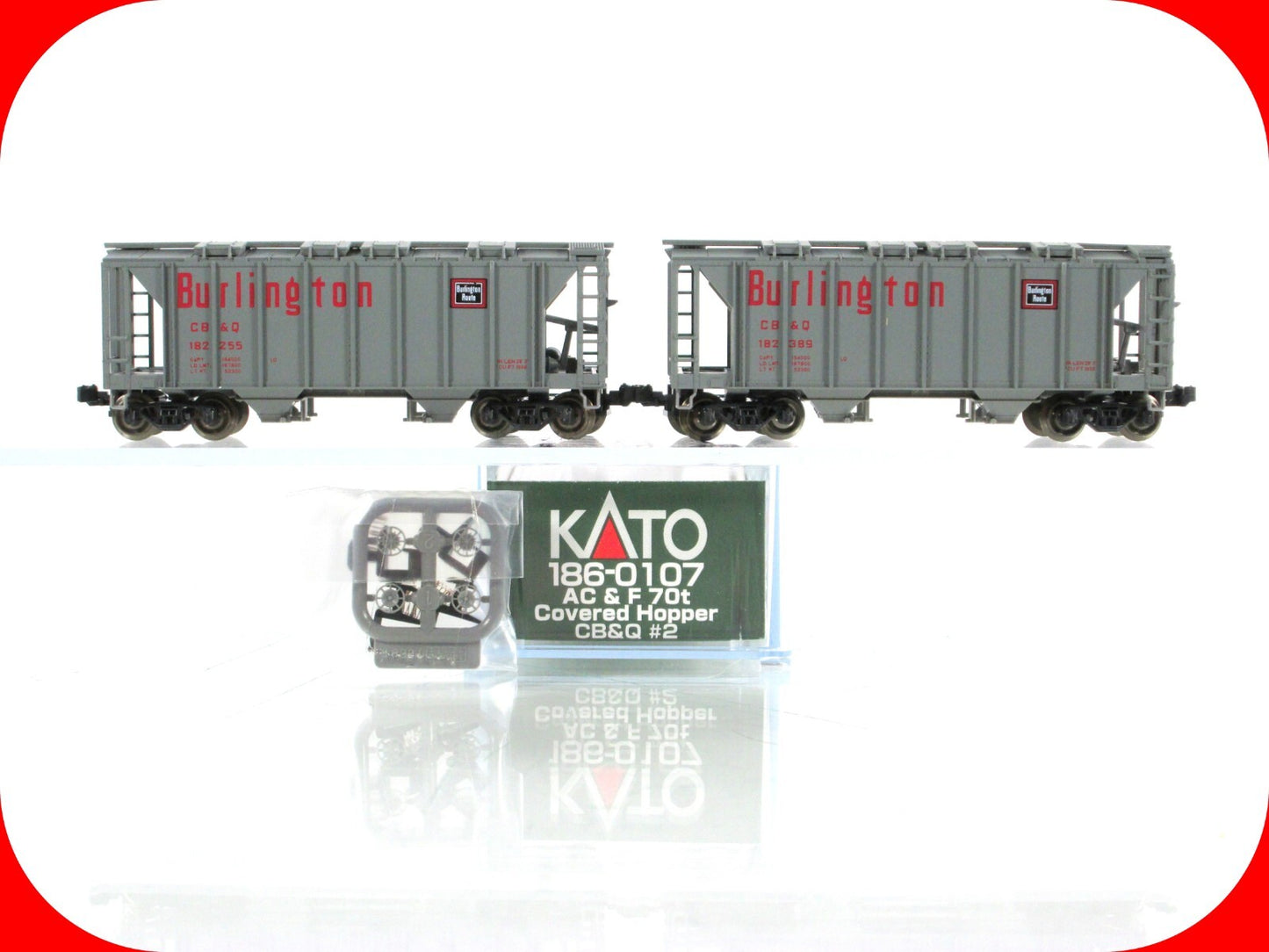 N Scale ***BURLINGTON, CB&Q*** 2-Bay Hoppers #182255,182389 ------ Kato 186-0107