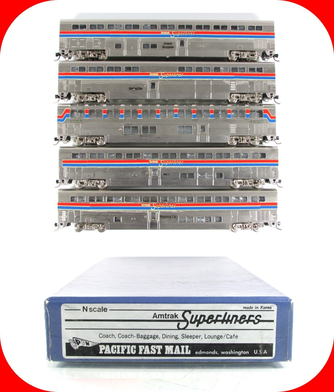 N Scale BRASS ***AMTRAK SUPERLINERS*** Bi-Level Passenger 5-Set --PFM, MTL Cplrs