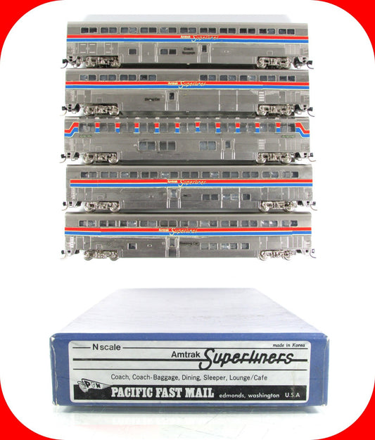 N Scale BRASS ***AMTRAK SUPERLINERS*** Bi-Level Passenger 5-Set --PFM, MTL Cplrs