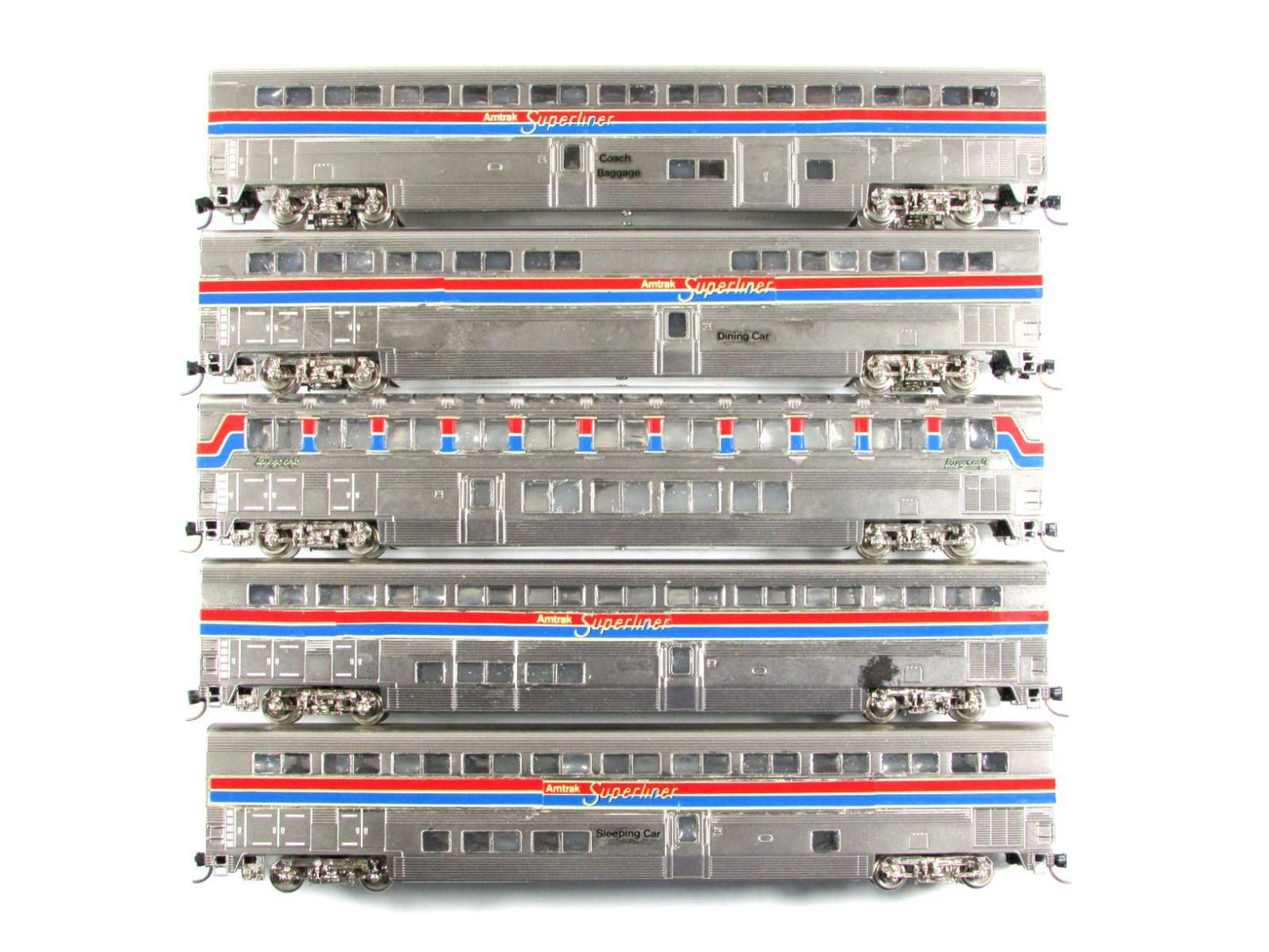 N Scale BRASS ***AMTRAK SUPERLINERS*** Bi-Level Passenger 5-Set --PFM, MTL Cplrs