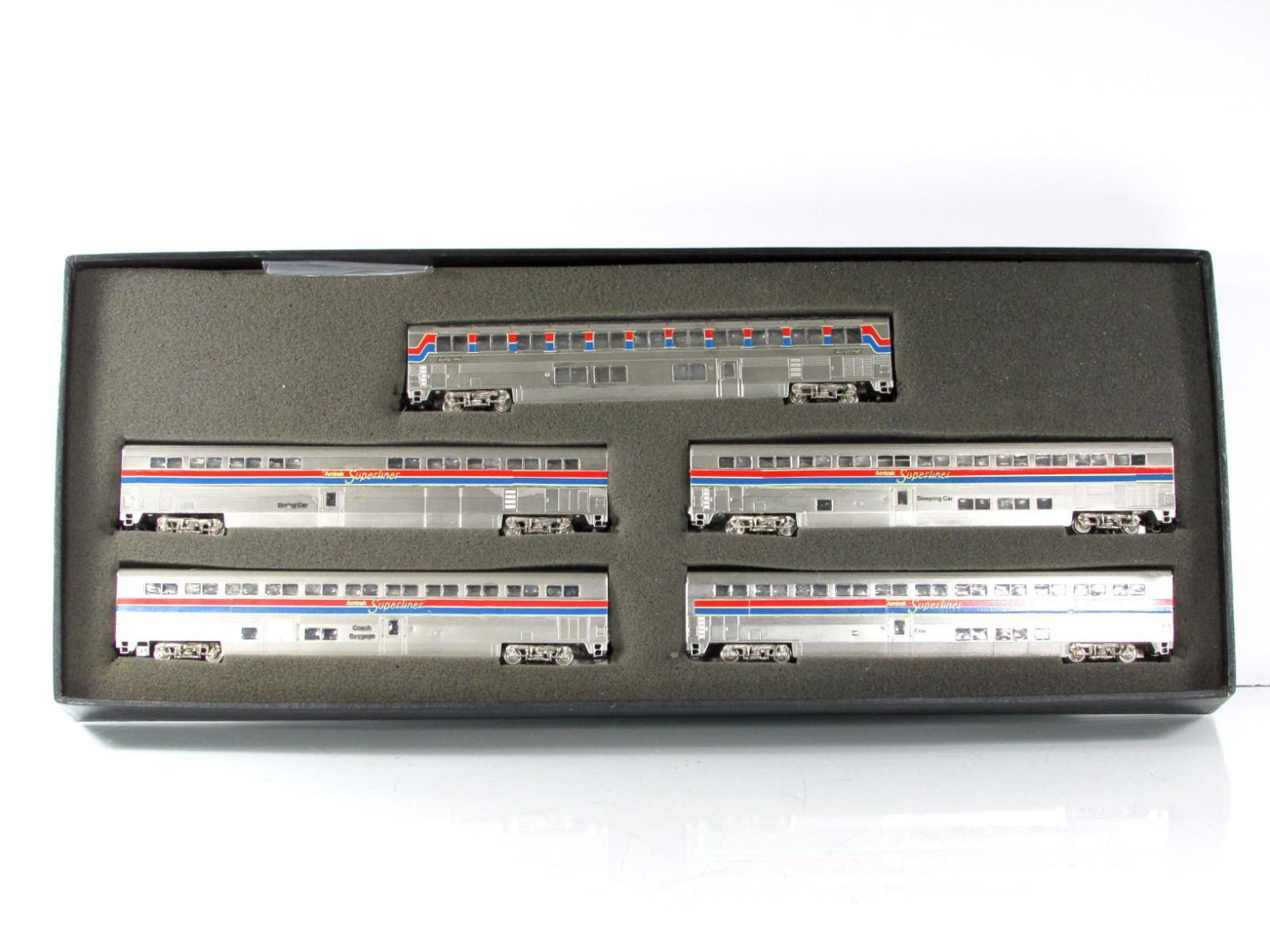 N Scale BRASS ***AMTRAK SUPERLINERS*** Bi-Level Passenger 5-Set --PFM, MTL Cplrs
