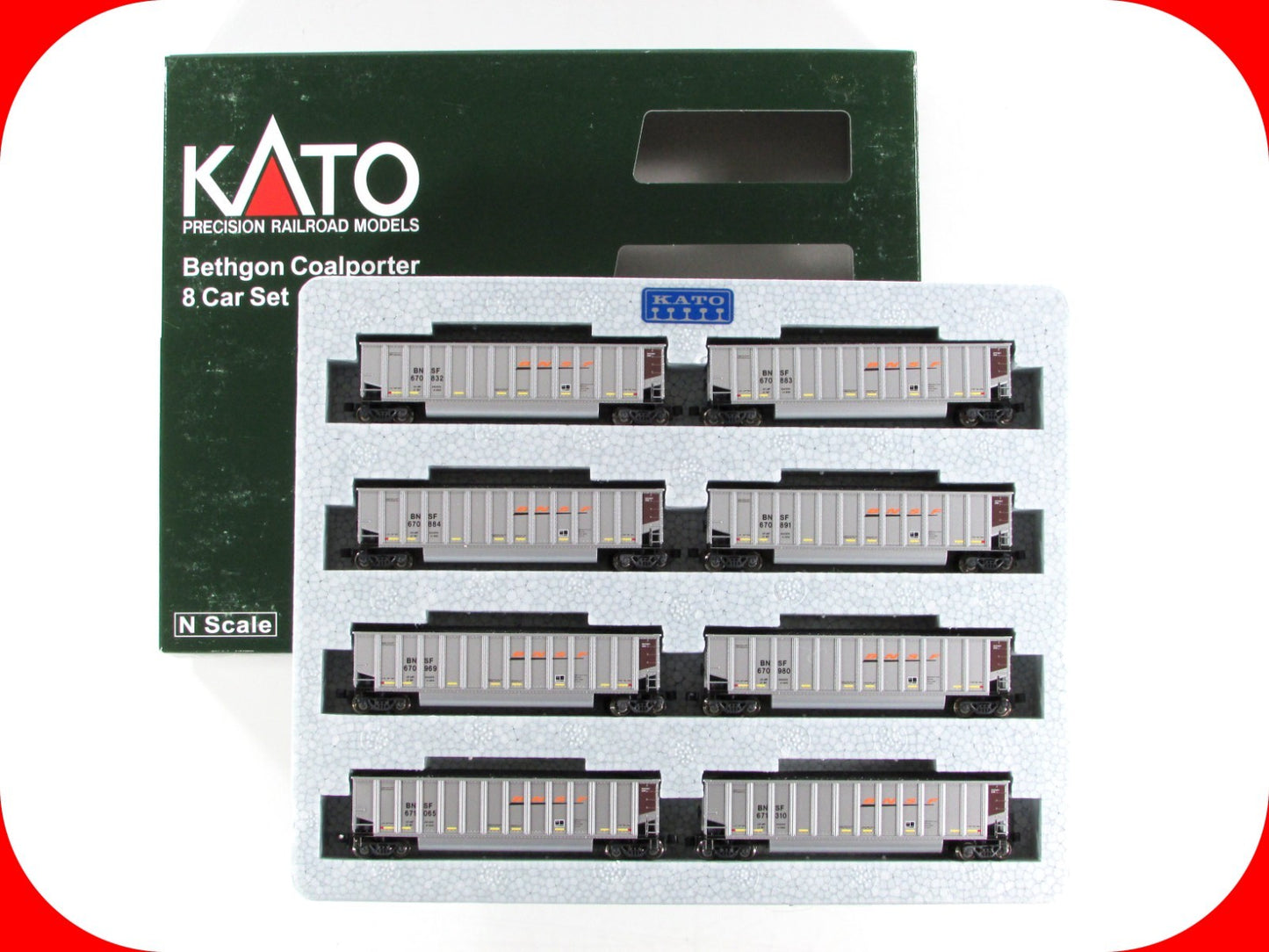 N Scale **BNSF SWOOSH** BETHGON Coalporter 8-Car Set, Coal Loads - Kato 106-4625