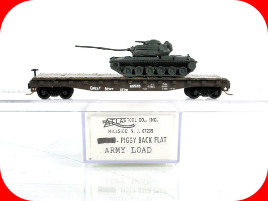 N Scale 50' Flat Car w/ Military Tank Load - Atlas, MTL Couplers