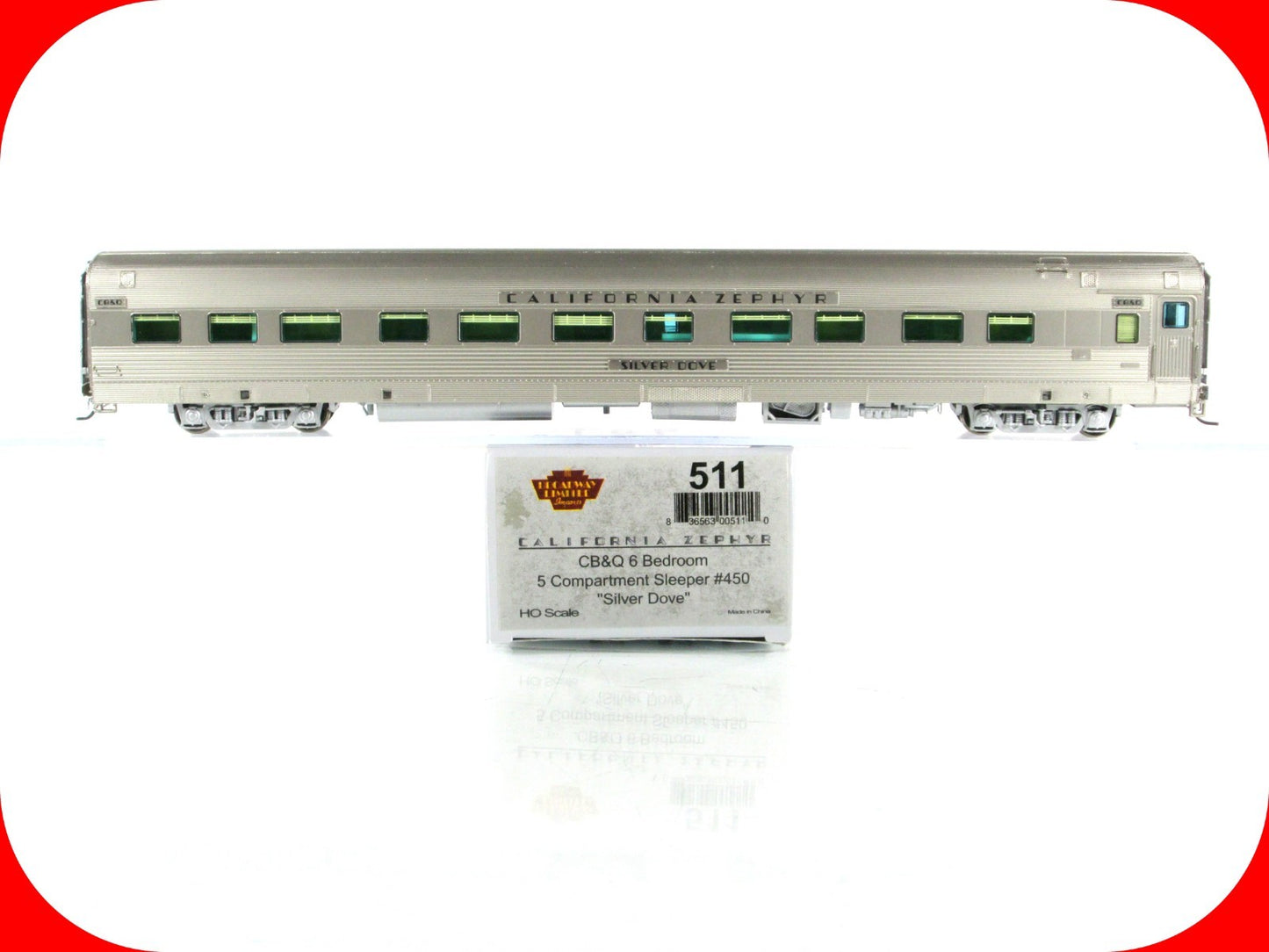 HO Scale ***CB&Q CA ZEPHYR*** SILVER DOVE Sleeper #450 --- Broadway 511, Lighted