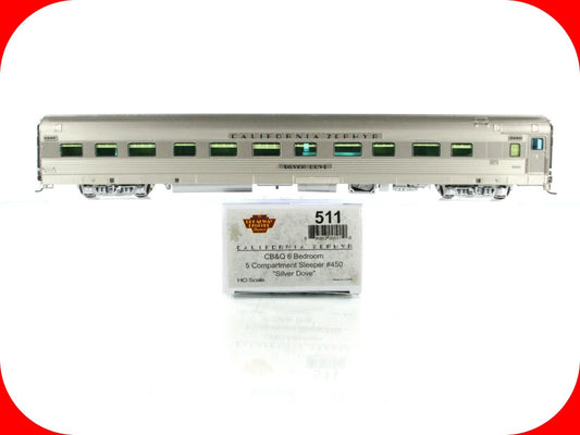 HO Scale ***CB&Q CA ZEPHYR*** SILVER DOVE Sleeper #450 --- Broadway 511, Lighted