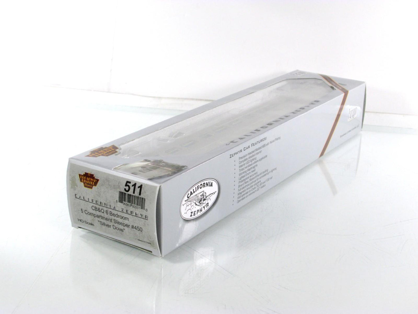 HO Scale ***CB&Q CA ZEPHYR*** SILVER DOVE Sleeper #450 --- Broadway 511, Lighted