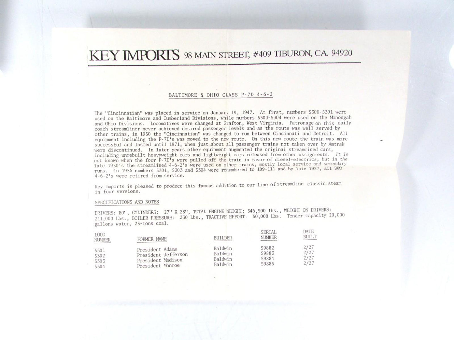N Scale BRASS ***BALTIMORE & OHIO  CINCINNATIAN*** P7d 4-6-2 Pacific #5301 - KEY