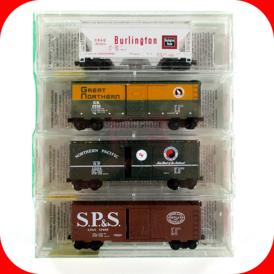 N Scale ***CB&Q, GN, NP, SP&S*** Box Car & Hopper 4-Pack - Micro Trains 20226-2