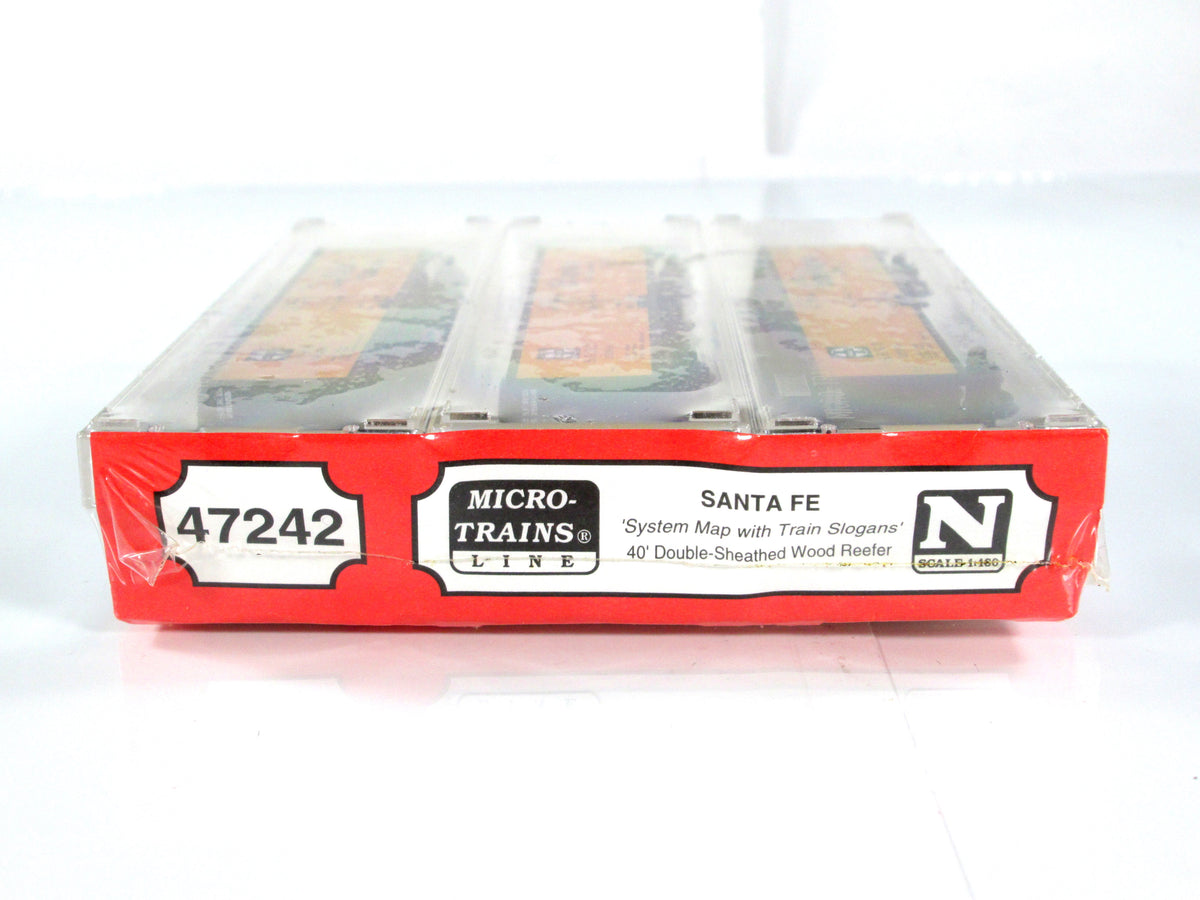 N Scale ***SANTA FE -- SFRD*** 40' Reefer 3-Pack w/ Slogans - Micro Trains 47242