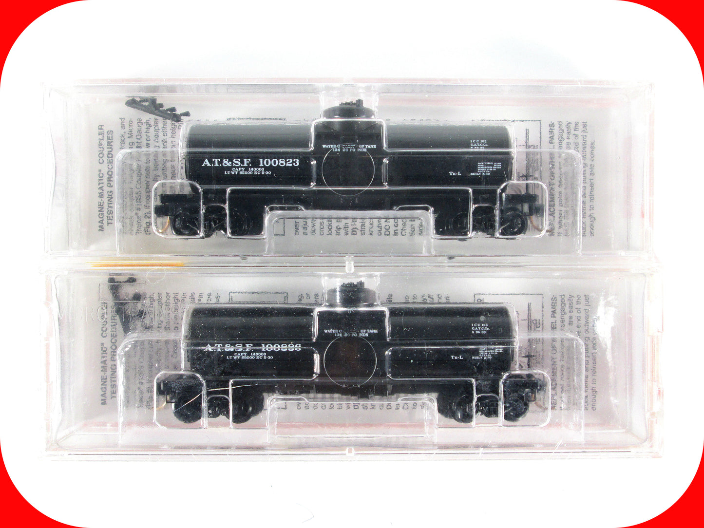 N Scale ***SANTA FE*** Tank Car 2-Set, ATSF 100823, 100886 - Micro Trains 65012