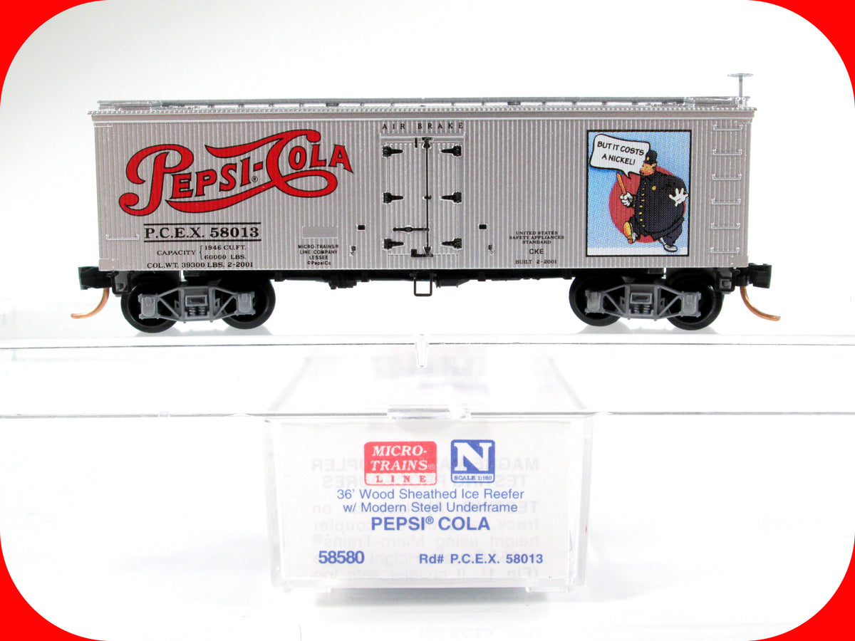N Scale ***PEPSI-COLA*** 36' Wood Ice Reefer, PCEX 58013 -- Micro Trains 58580