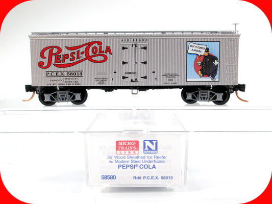 N Scale ***PEPSI-COLA*** 36' Wood Ice Reefer, PCEX 58013 -- Micro Trains 58580