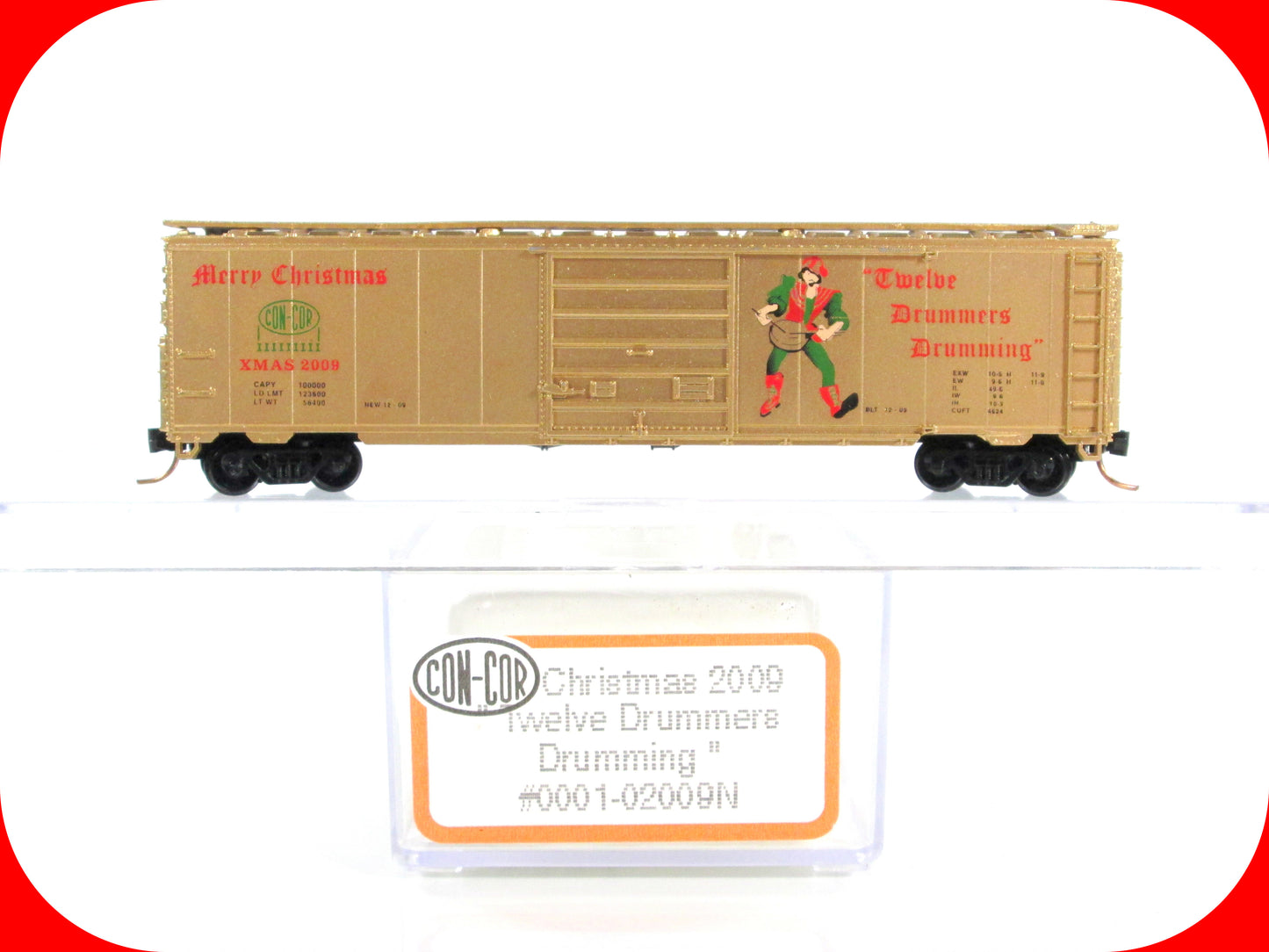 N Scale **12 DRUMMERS DRUMMING** Christmas Box Car - Con-Cor 02009N, MTL Cplrs