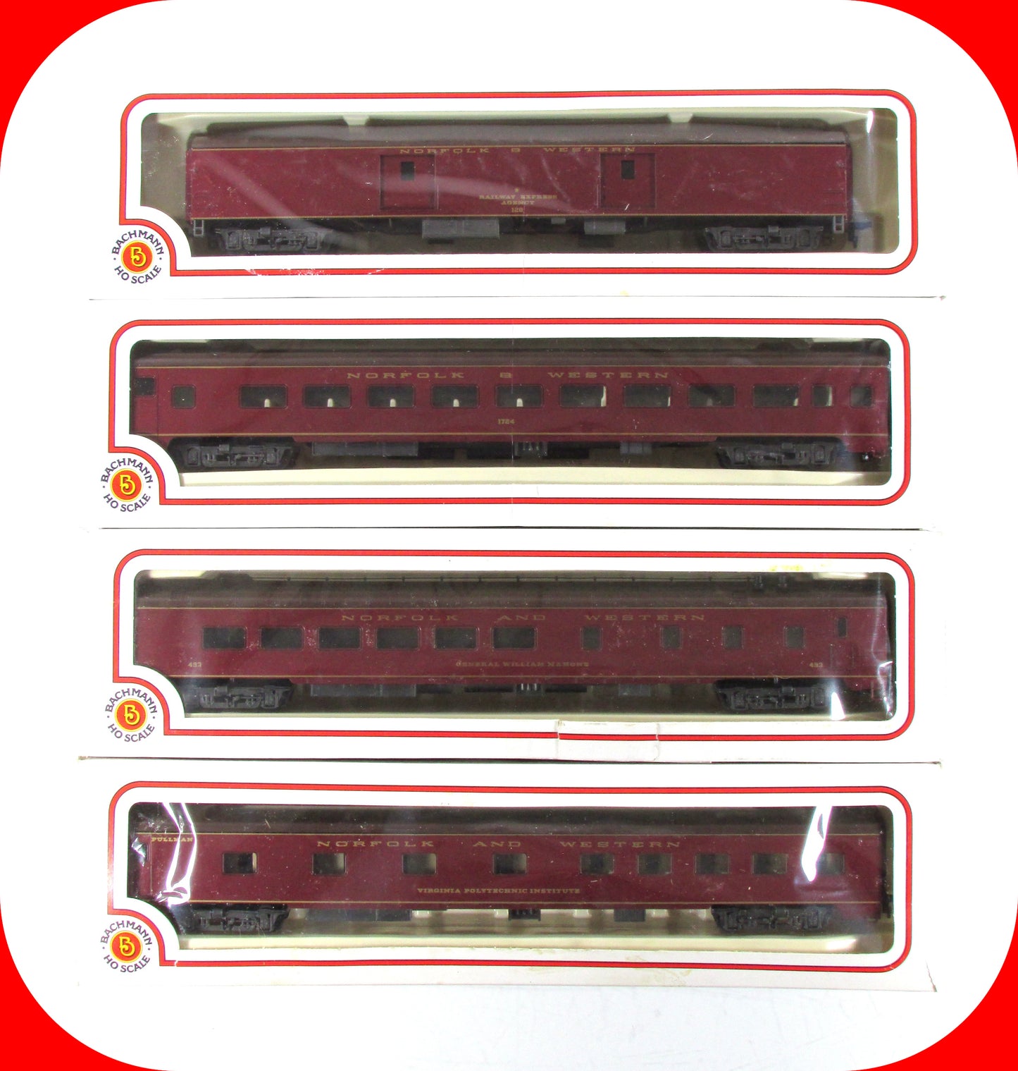 HO Scale *N&W POWHATAN ARROW* Passenger 4-Set - Bachmann 43-1291, Knuckle Cplrs