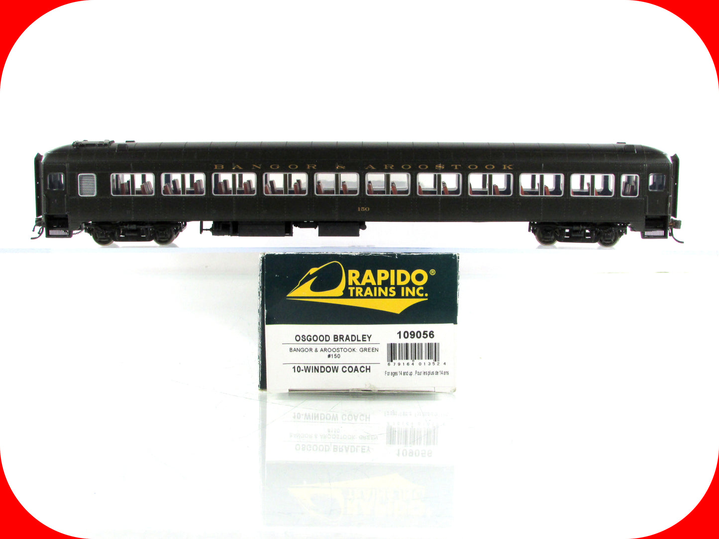 HO Scale *BANGOR AROOSTOOK* Osgood Bradley Coach #150 - Rapido 109056, Lighted