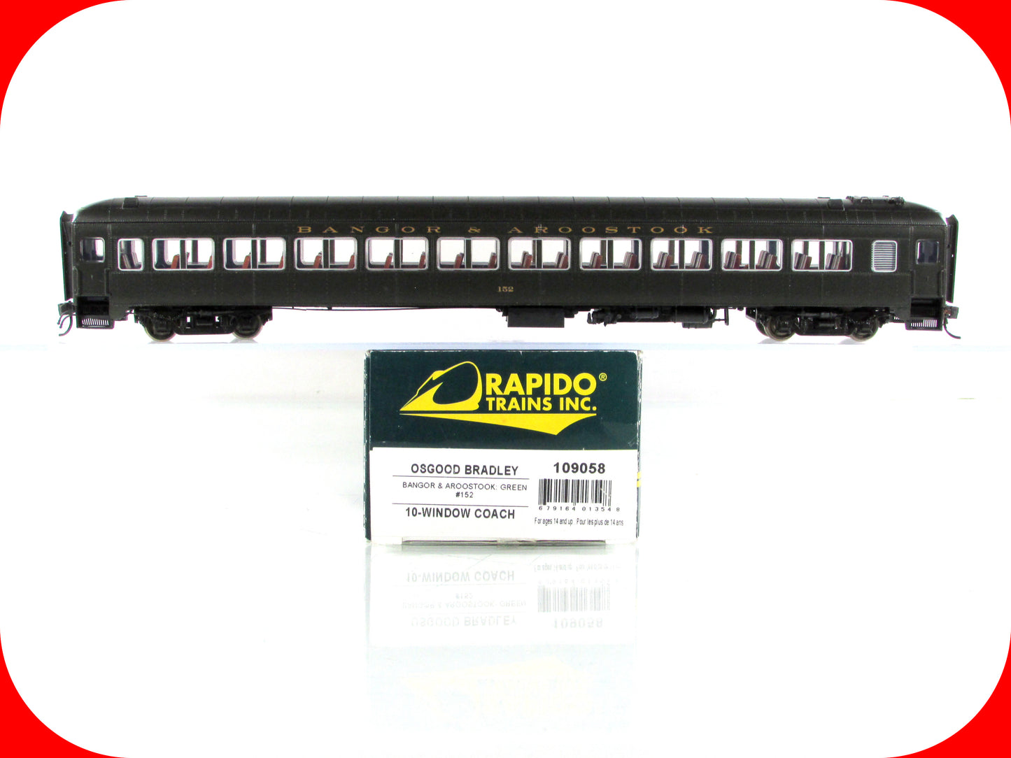 HO Scale *BANGOR AROOSTOOK* Osgood Bradley Coach #152 - Rapido 109058, Lighted