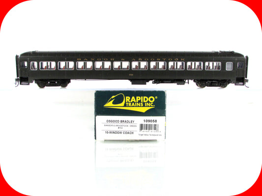 HO Scale *BANGOR AROOSTOOK* Osgood Bradley Coach #152 - Rapido 109058, Lighted
