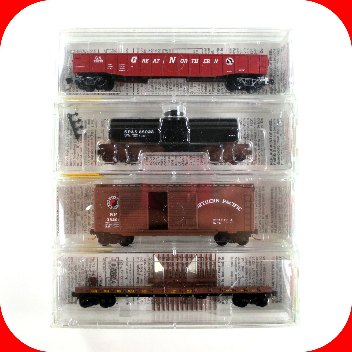 N Scale ***CB&Q, GN, NP, SP&S*** Fallen Flags 4-Pack Set --- Micro Trains 23252