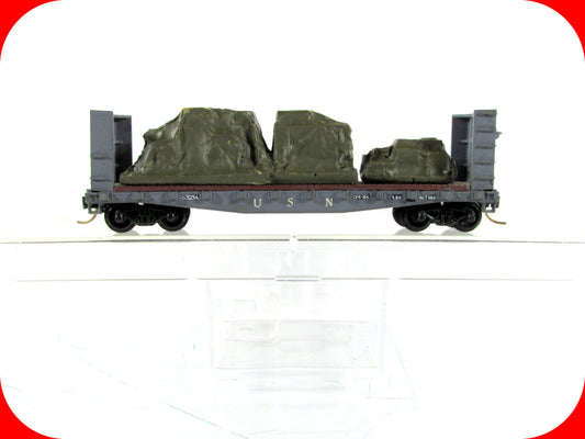 N Scale ***US NAVY*** 40' Bulkhead Flat Car, Custom Load - Atlas, MTL Couplers
