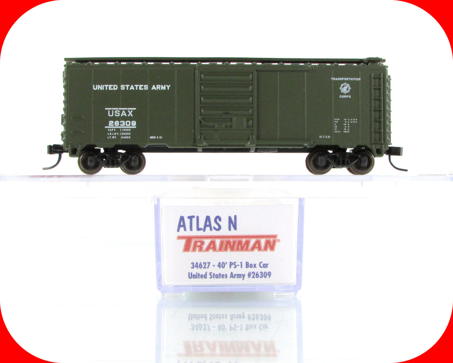 N Scale *UNITED STATES ARMY* Box Car USAX 26309 - Atlas 34627, Knuckle Cp *RARE