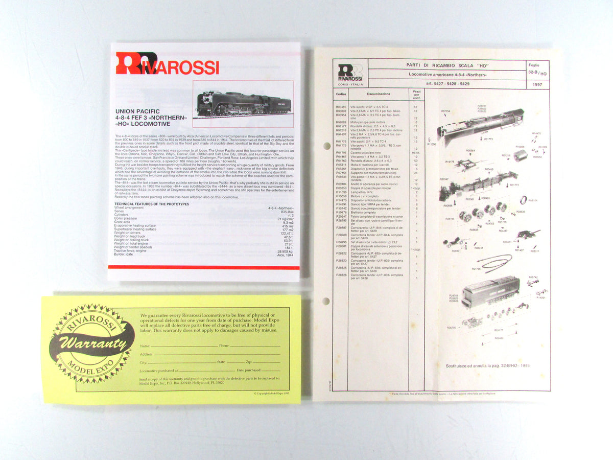 HO Scale **UNION PACIFIC* 4-8-4 FEF-3 Northern Locomotive #844 - Rivarossi 5429